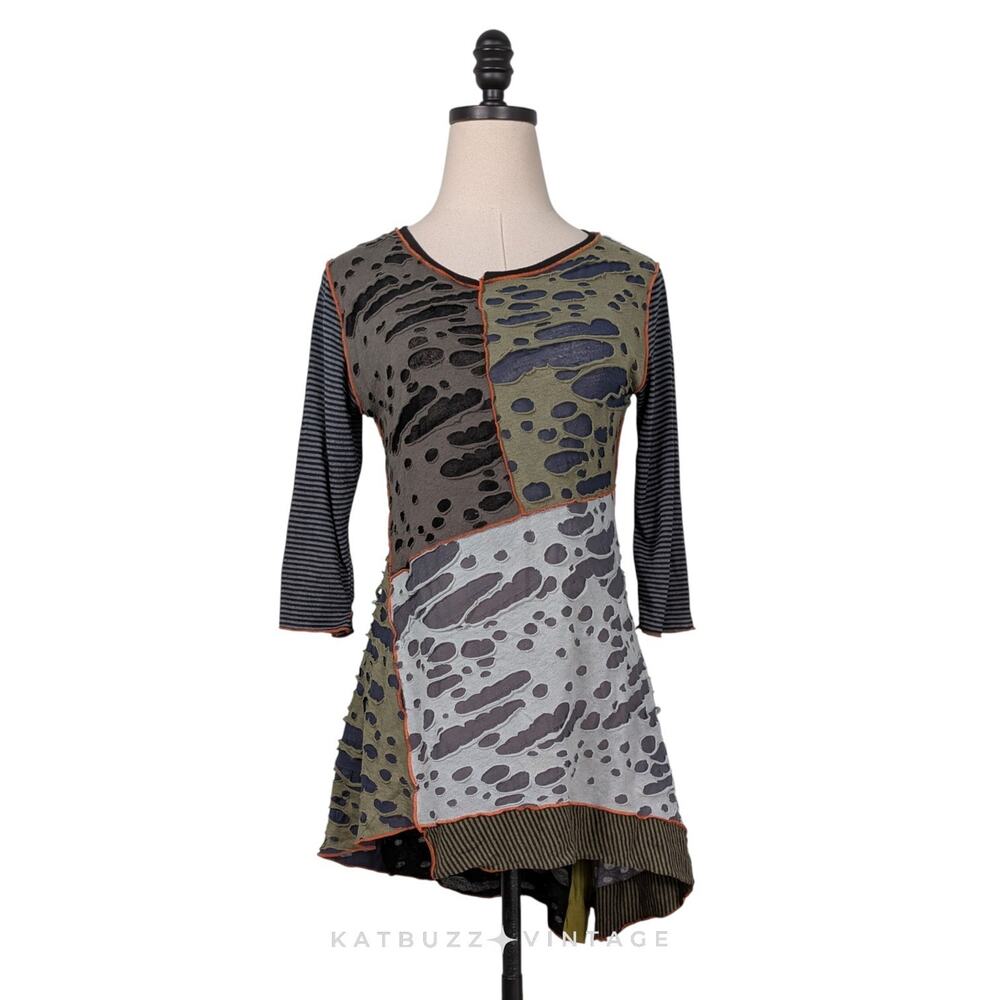 Vintage Tunic Top Patchwork Green Black Lagenlook Artsy Distressed Stripe Orange